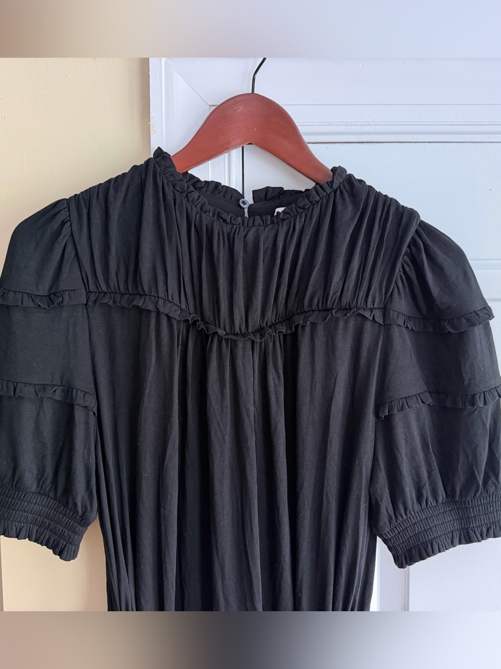 Boden Ruffled Neck Puff Sleeve Midi Dress